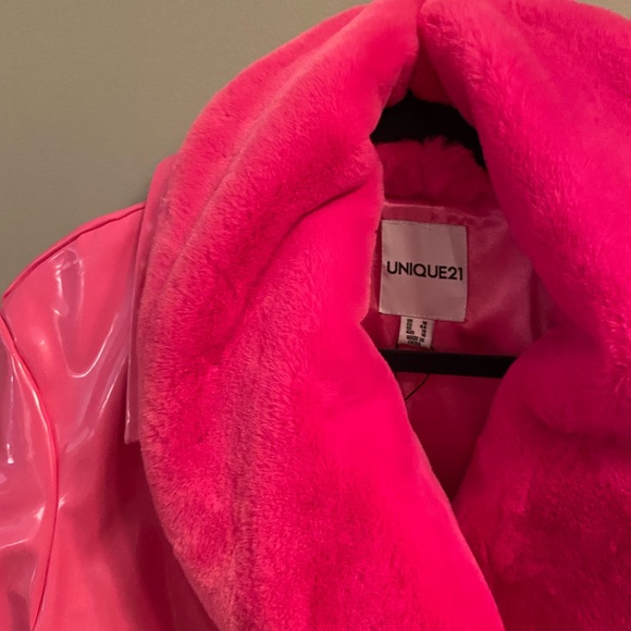 ASOS Unique21 Faux Fur Trim Vinyl Coat in Fuchsia, Size 12 - Picture 6 of 13